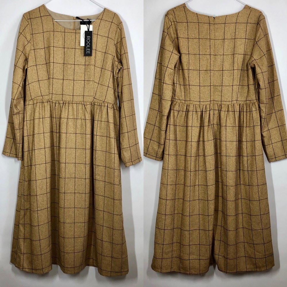 Rollee Midi Dress Large Mustard Plaid Long Sleeve